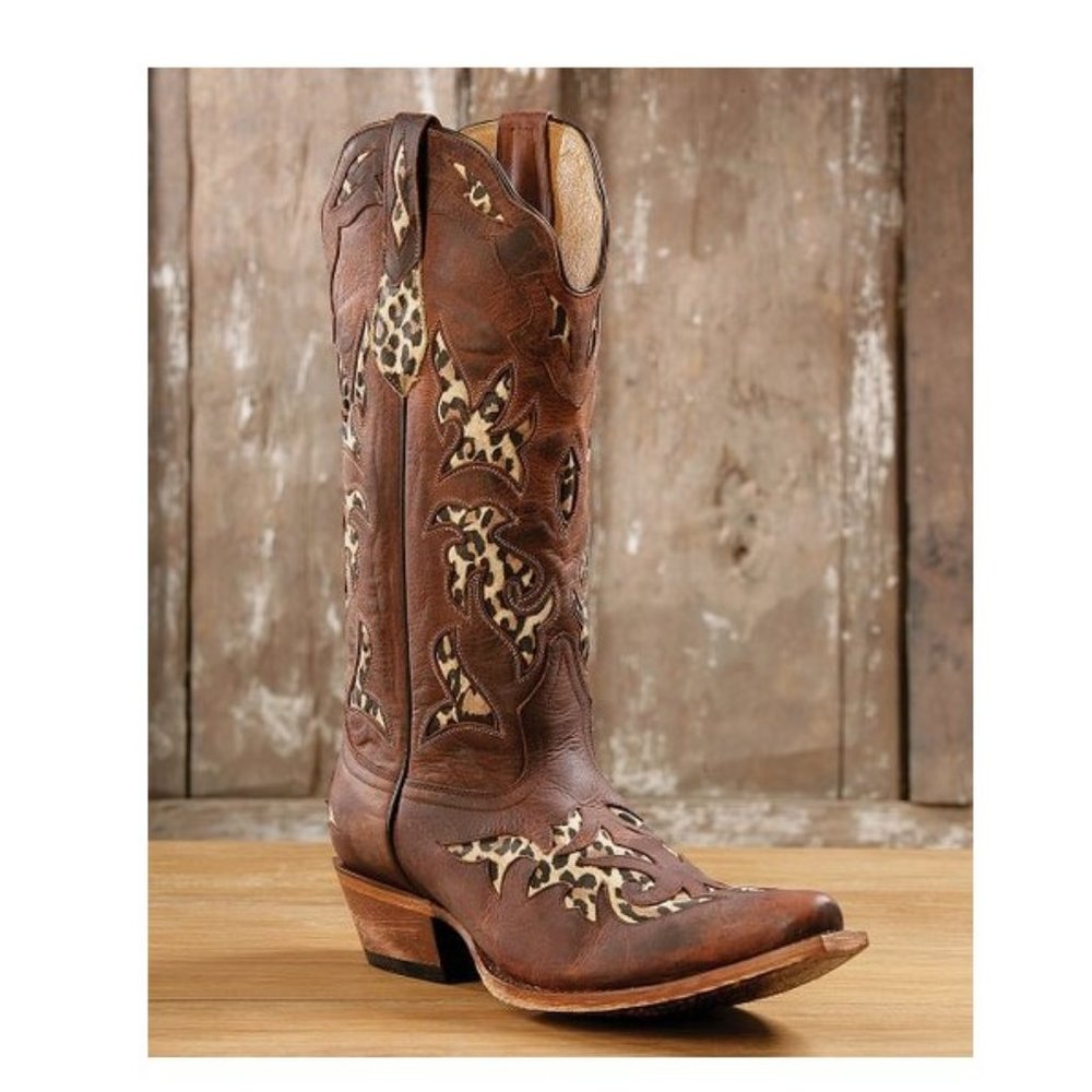 Johnny Ringo  Brown & Leopard Inlay T-Toe Leather Cowboy Boot